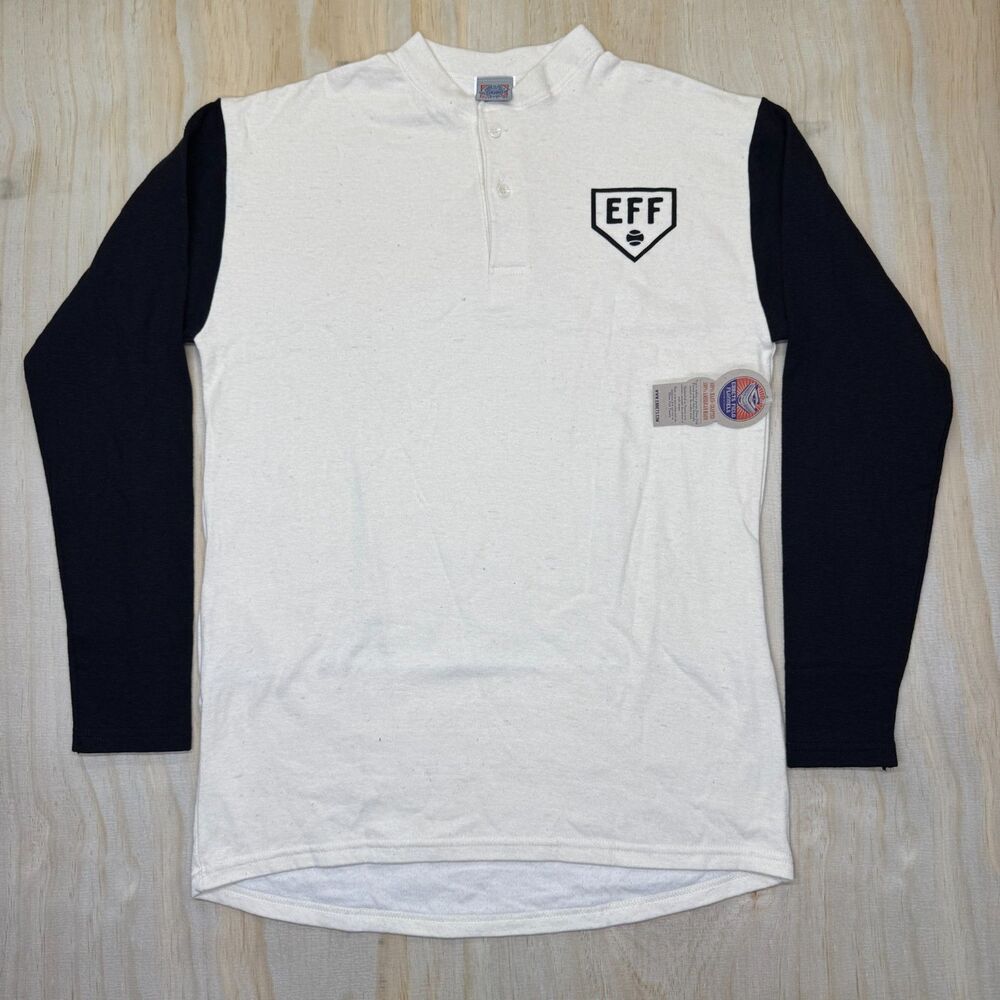 NEW Ebbets Field Flannels Fungo Black Sleeve Logo Henley Shirt MD Cream Black